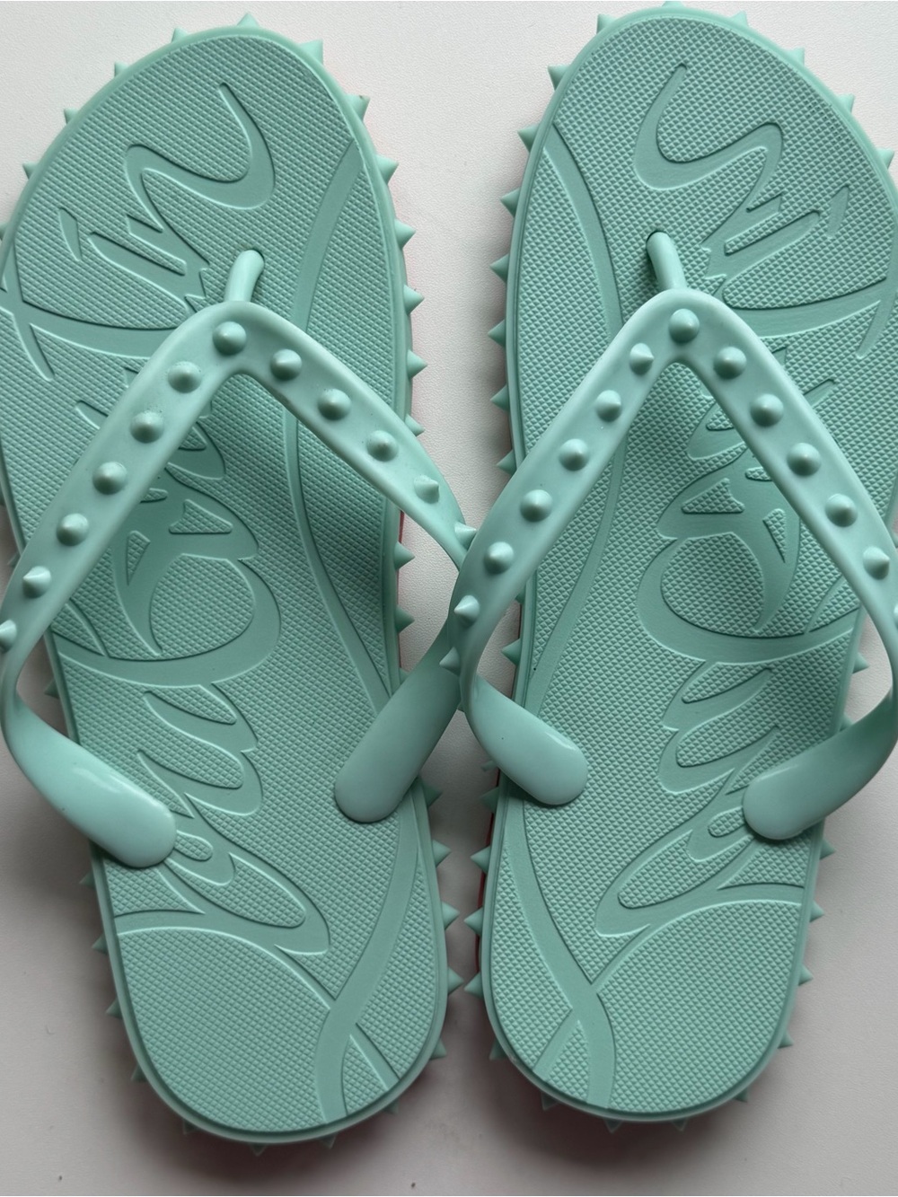 Christian Louboutin Mint Green Stud-Trim Flip Flop Sandals